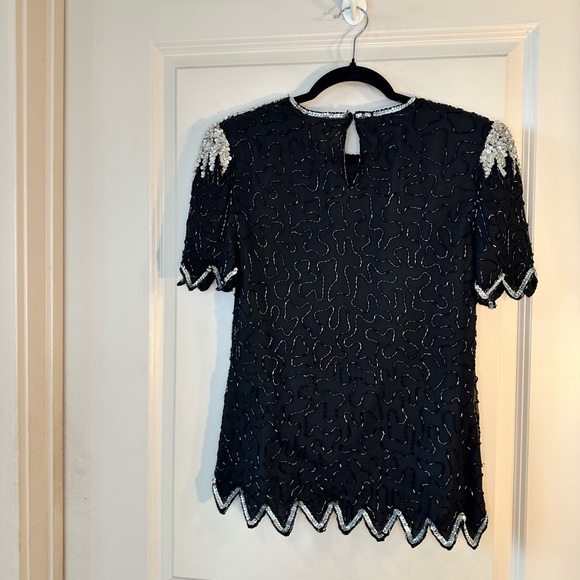 Vintage Laurence Kazar Beaded Sequin Embellished Silk Black&Silver Party Top,M/L - Picture 8 of 9